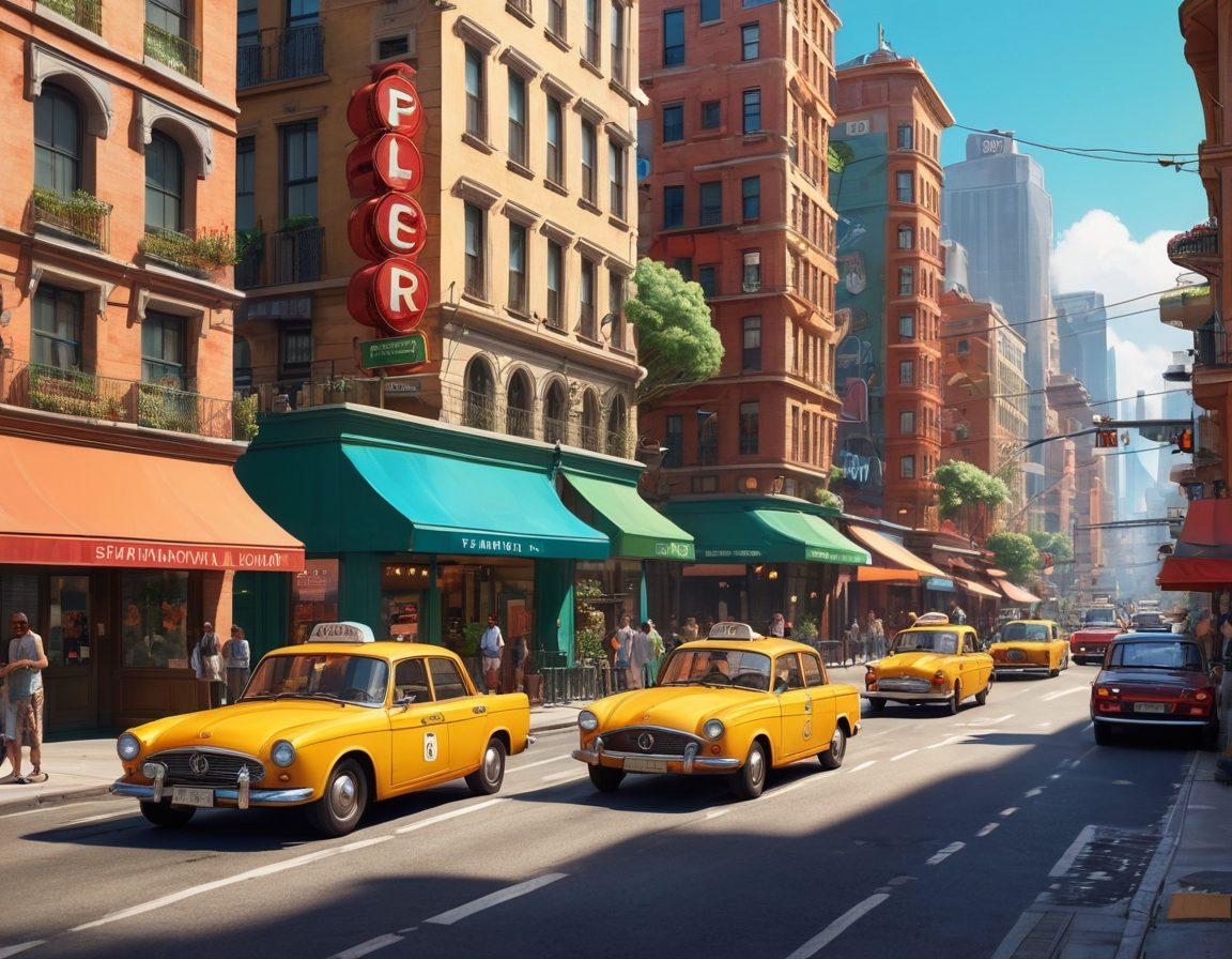 A whimsical scene featuring animated cars with playful expressions cruising through a vibrant cartoon cityscape, blending elements of car lore and adult animation with exaggerated features and colorful backgrounds. Include quirky characters, various fantastical vehicles and whimsical details like oversized roads and cartoonish buildings, all infused with a lighthearted, humorous tone. super-realistic. vibrant colors. cartoonish style.