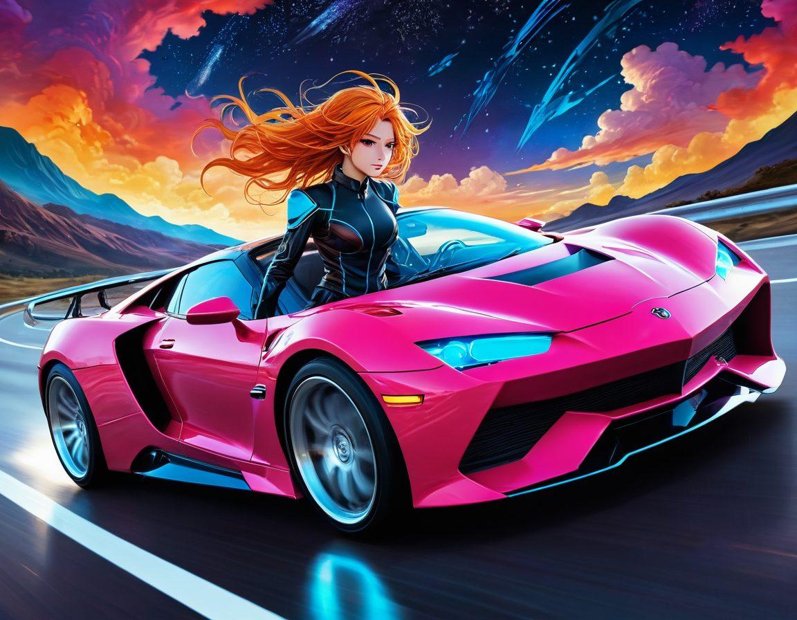 A dynamic scene depicting an illustrated character from a futuristic hentai manga, passionately engaged in a high-speed car race surrounded by fantastical landscapes. The character, featuring vibrant hair and vibrant attire, showcases their excitement while driving a sleek, animated vehicle with neon accents. Incorporate elements of adult animation with subtle hints of allure and fantasy elements, such as ethereal creatures flying alongside the cars. The background should include colorful clouds and a starry sky to enhance the magical vibe. vector art. vibrant colors.