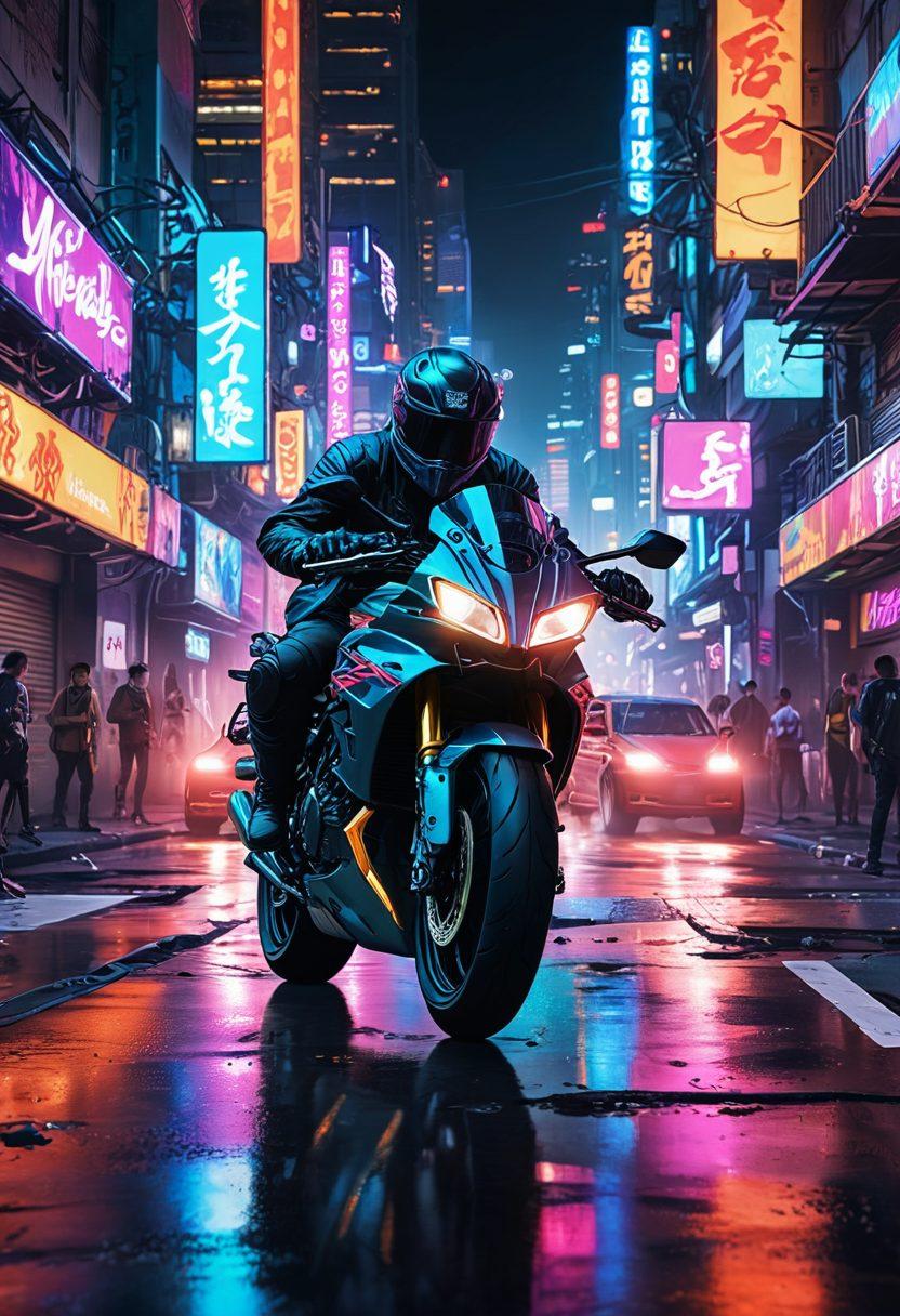 A striking illustration of a motorcycle speeding through an urban landscape, with vibrant neon lights reflecting off the pavement. Overlayed are sultry, stylized characters in dynamic poses, exuding confidence and allure, showcasing elements of erotic anime culture. The background features a mix of graffiti art and moody city atmosphere, enhancing the depth of the scene. The colors are rich and vivid, bringing the characters and setting to life. digital art. vibrant colors. cyberpunk.